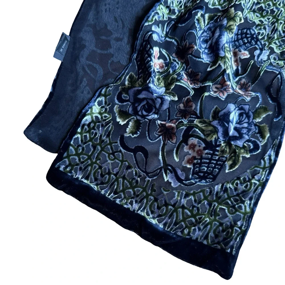 Cejon Dark Floral Velvet Silk Whimsigoth Burnout Fairy Romantic Scarf 7.5x56